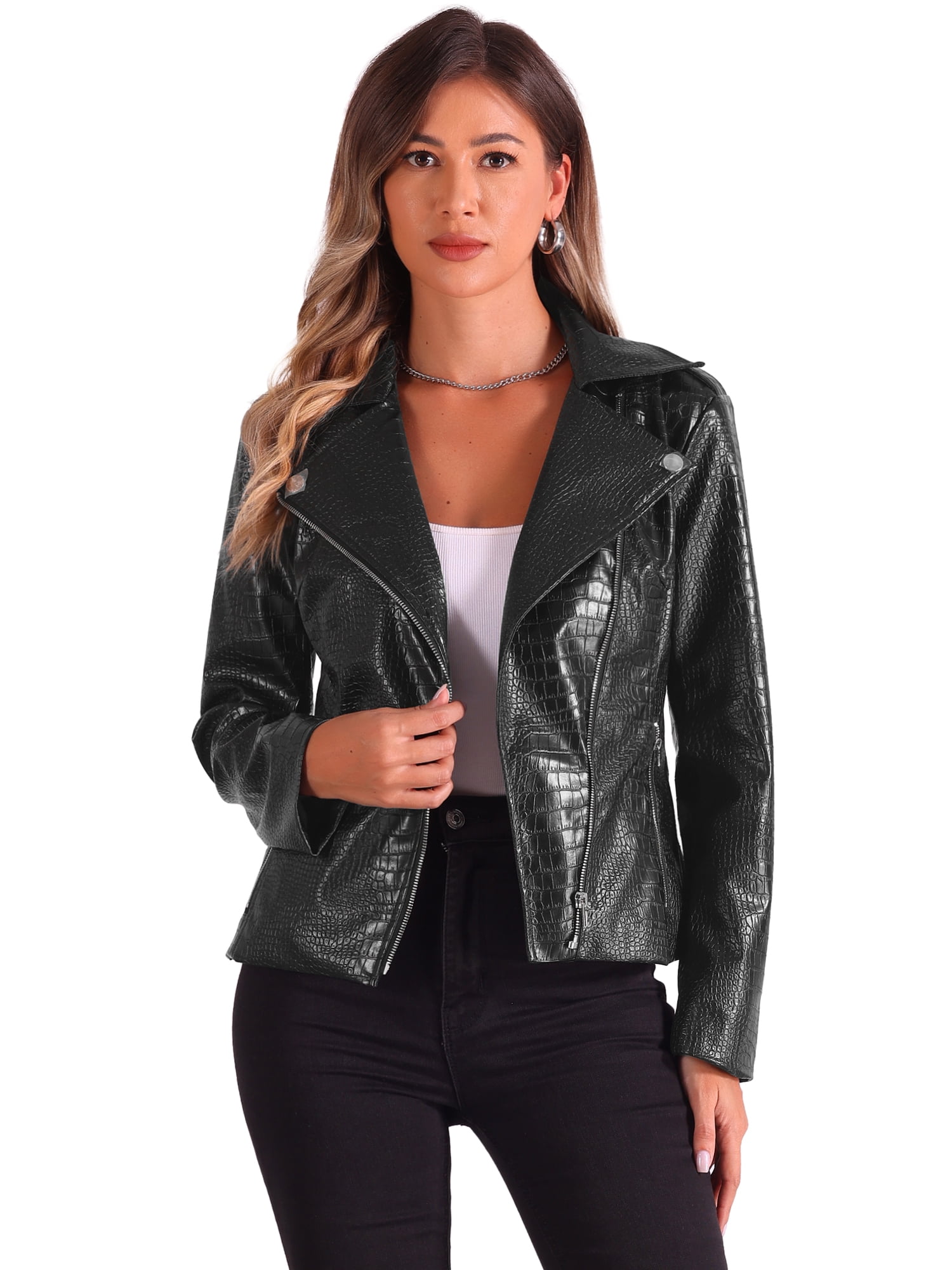 DARING DIVA Women's Zip Up Faux Leather Cropped Jacket S Black