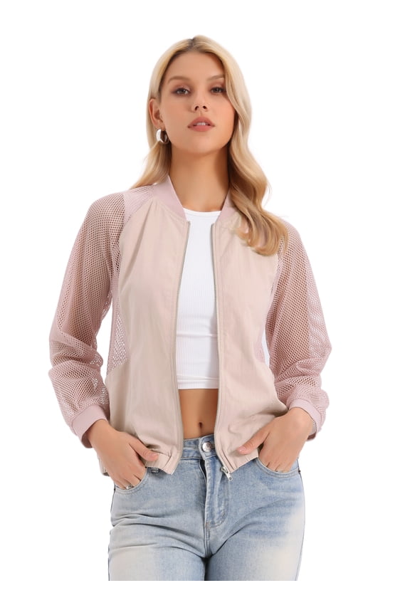 Women's Zip Up Long Sleeve Sheer Lightweight Track Jacket L Pink