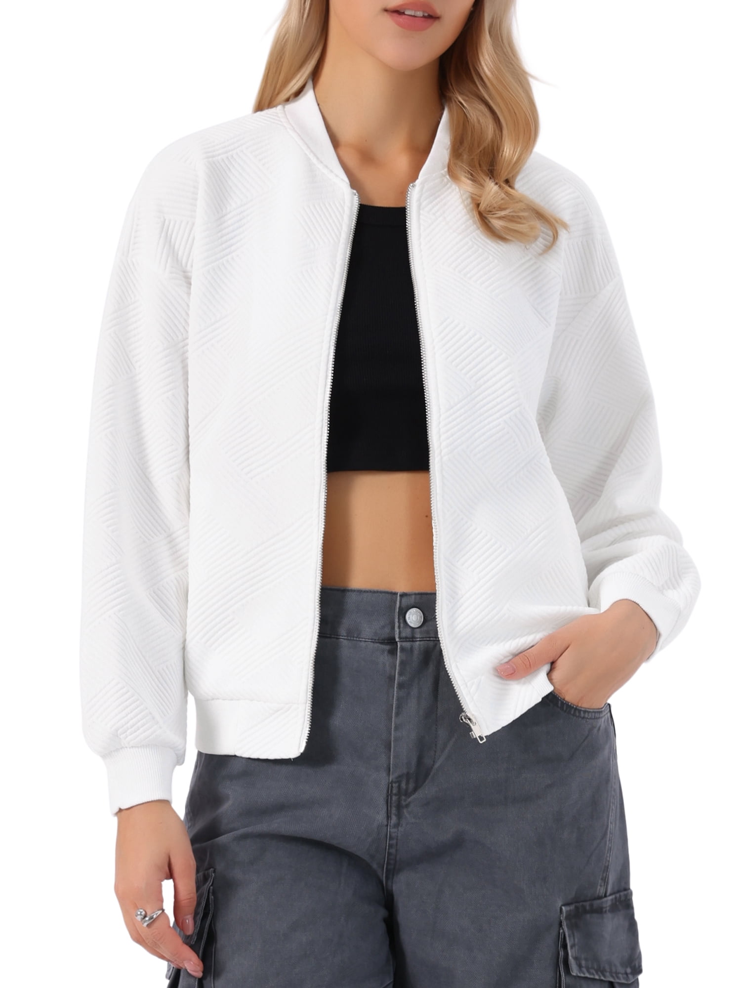 DARING DIVA Women's Zip Up Long Sleeve Spring Outfit Jacket L White