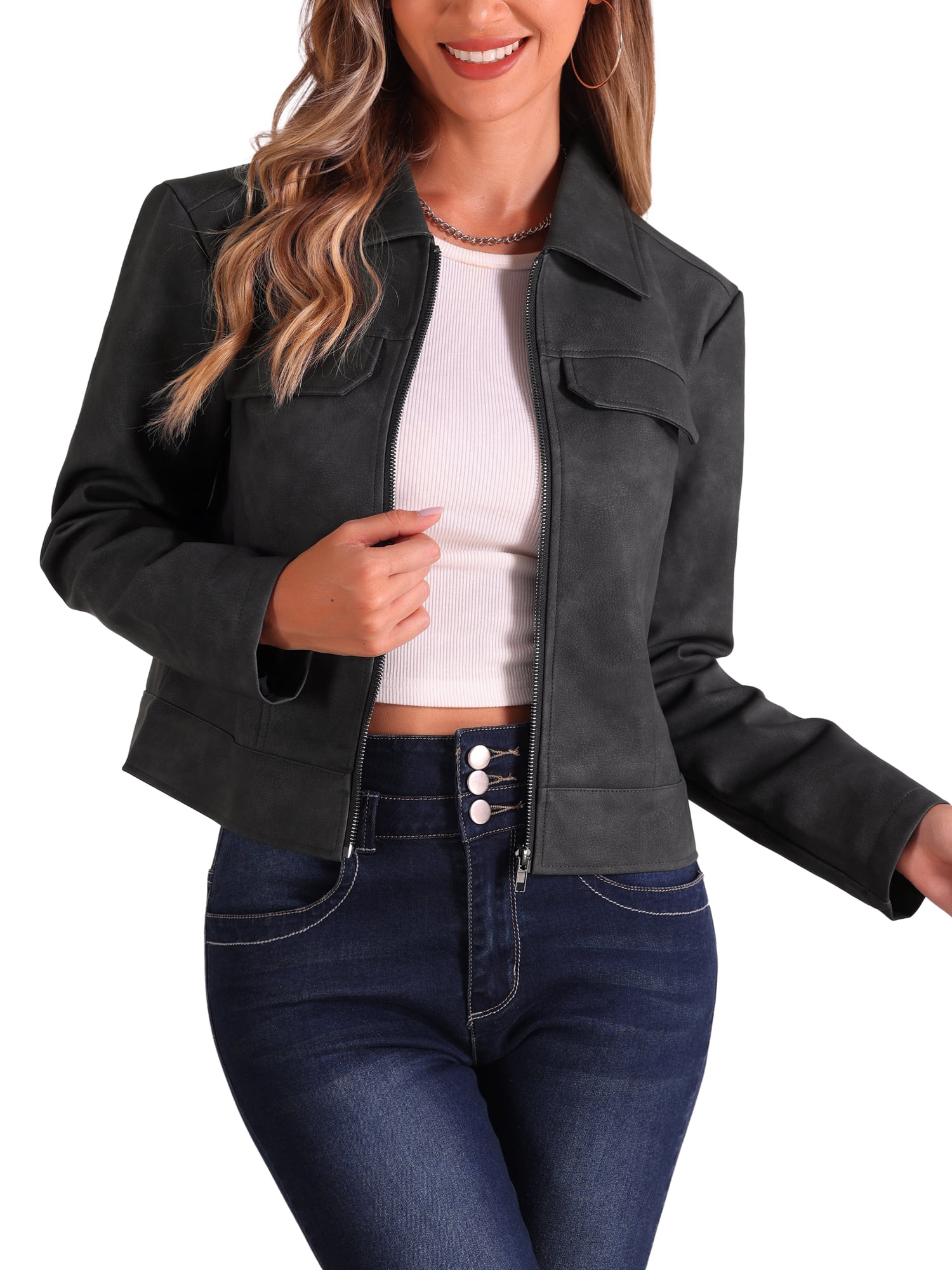 DARING DIVA Women's Faux Leather Jackets Zip Up Vintage Distressed Moto Biker Jacket S Black