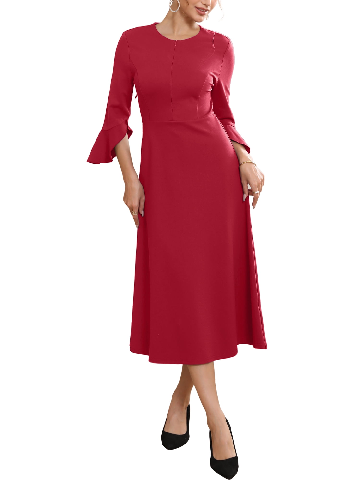 DARING DIVA Women's Zipper Front Bell Sleeves Midi A-Line Dresses L Burgundy