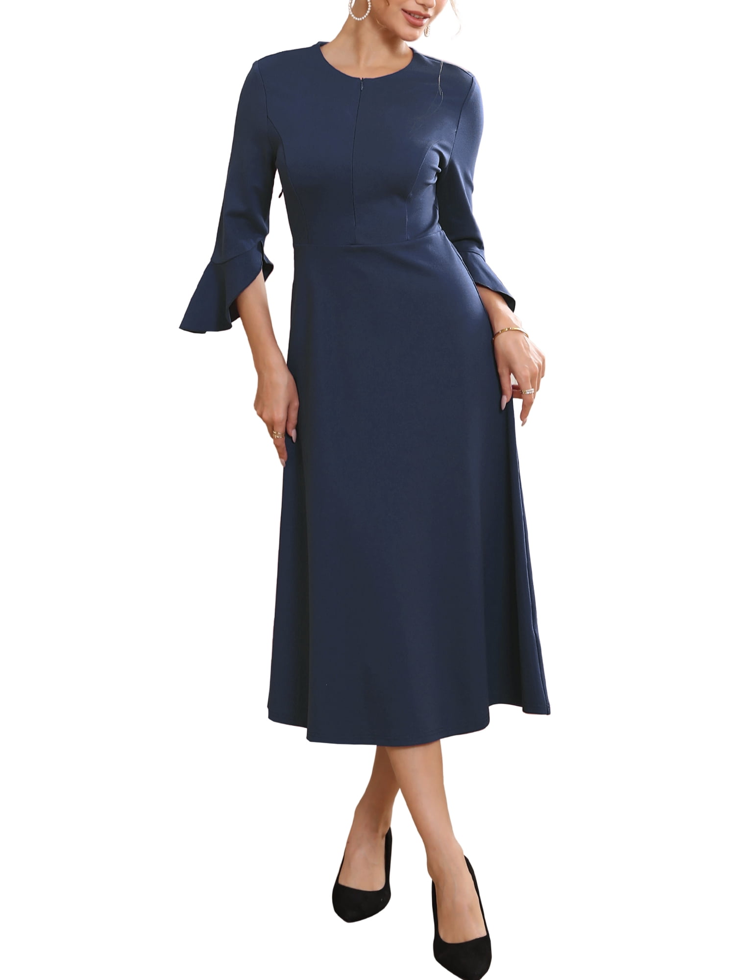 DARING DIVA Women's Zipper Front Bell Sleeves Midi A-Line Dresses L Dark Blue