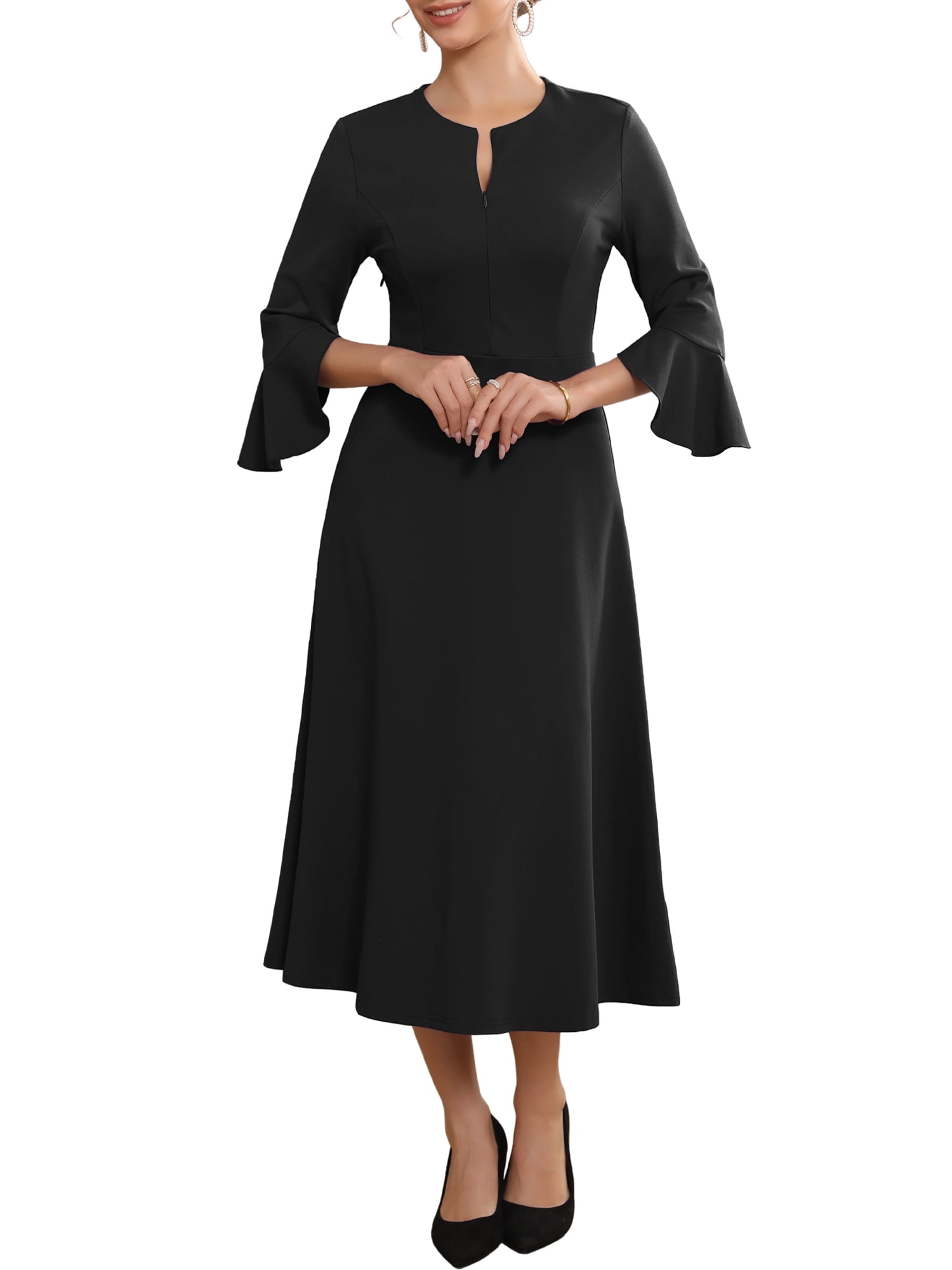 DARING DIVA Women's Zipper Front Bell Sleeves Midi A-Line Dresses L Black