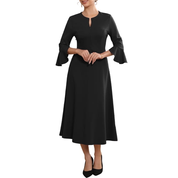 DARING DIVA Women's Zipper Front Bell Sleeves Midi A-Line Dresses S Black