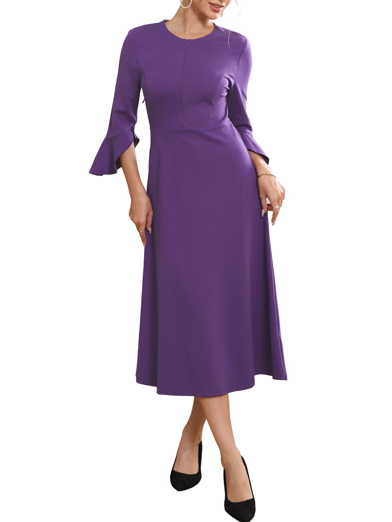 DARING DIVA Women's Zipper Front Bell Sleeves Midi A-Line Dresses XL Purple