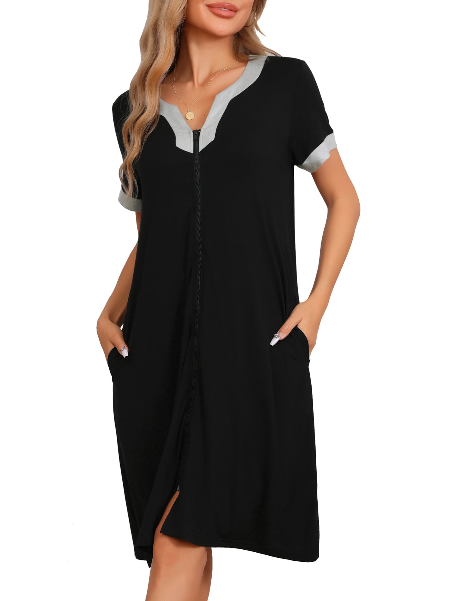 DARING DIVA Women's Zipper Front Short Sleeves Zip Up Sleepwear with Pockets S Black