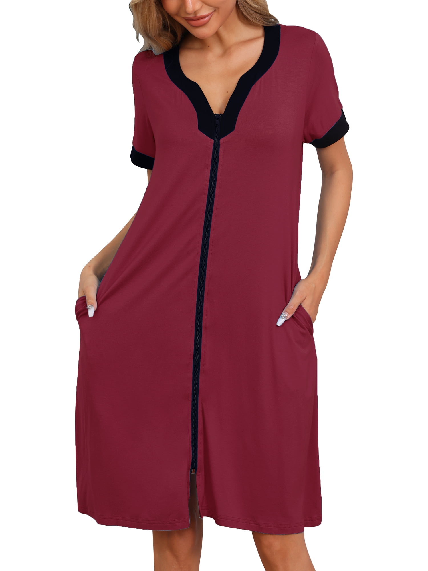DARING DIVA Women's Zipper Front Short Sleeves Zip Up Sleepwear with Pockets S Red