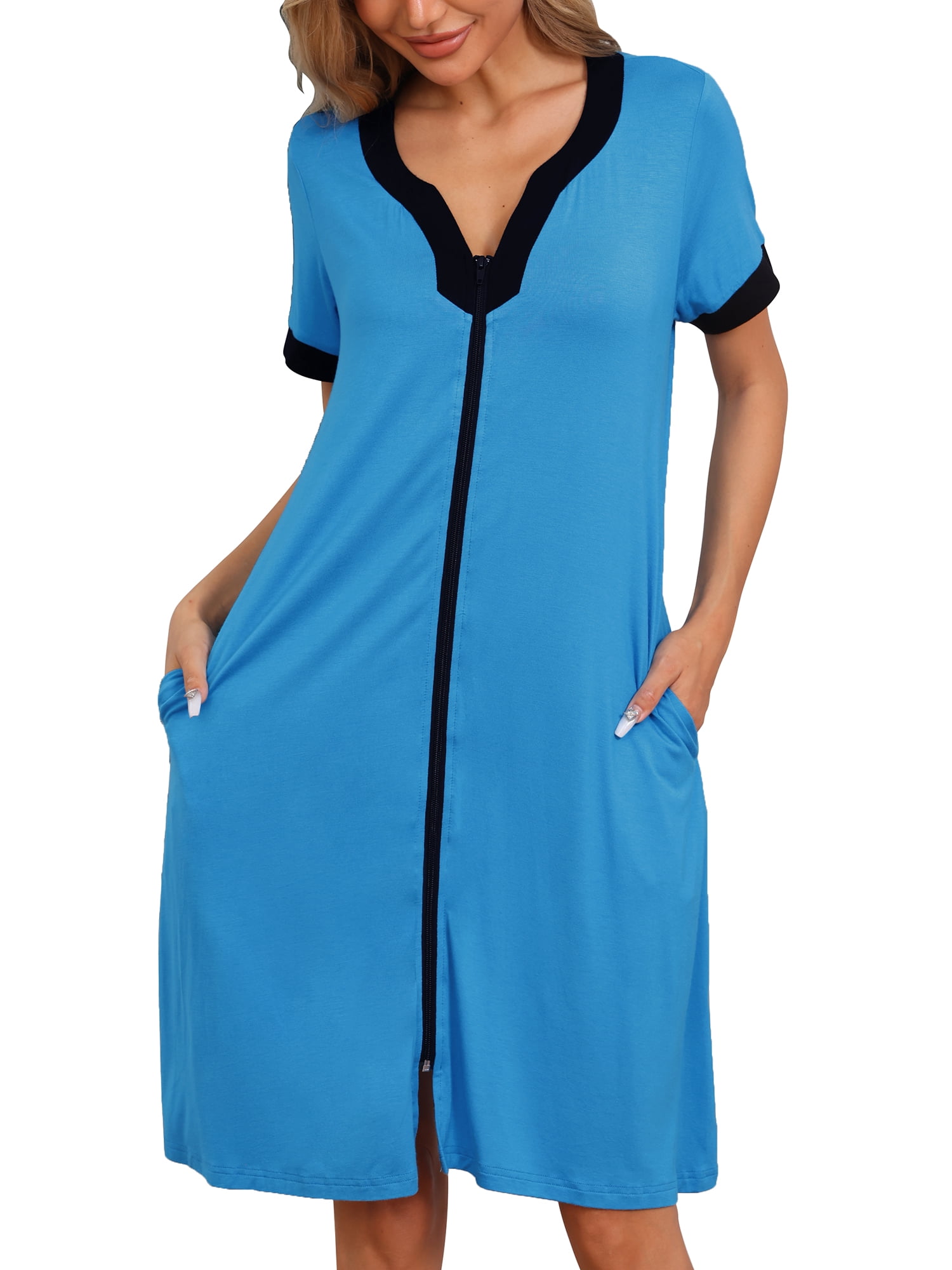 DARING DIVA Women's Zipper Front Short Sleeves Zip Up Sleepwear with Pockets S Sky Blue