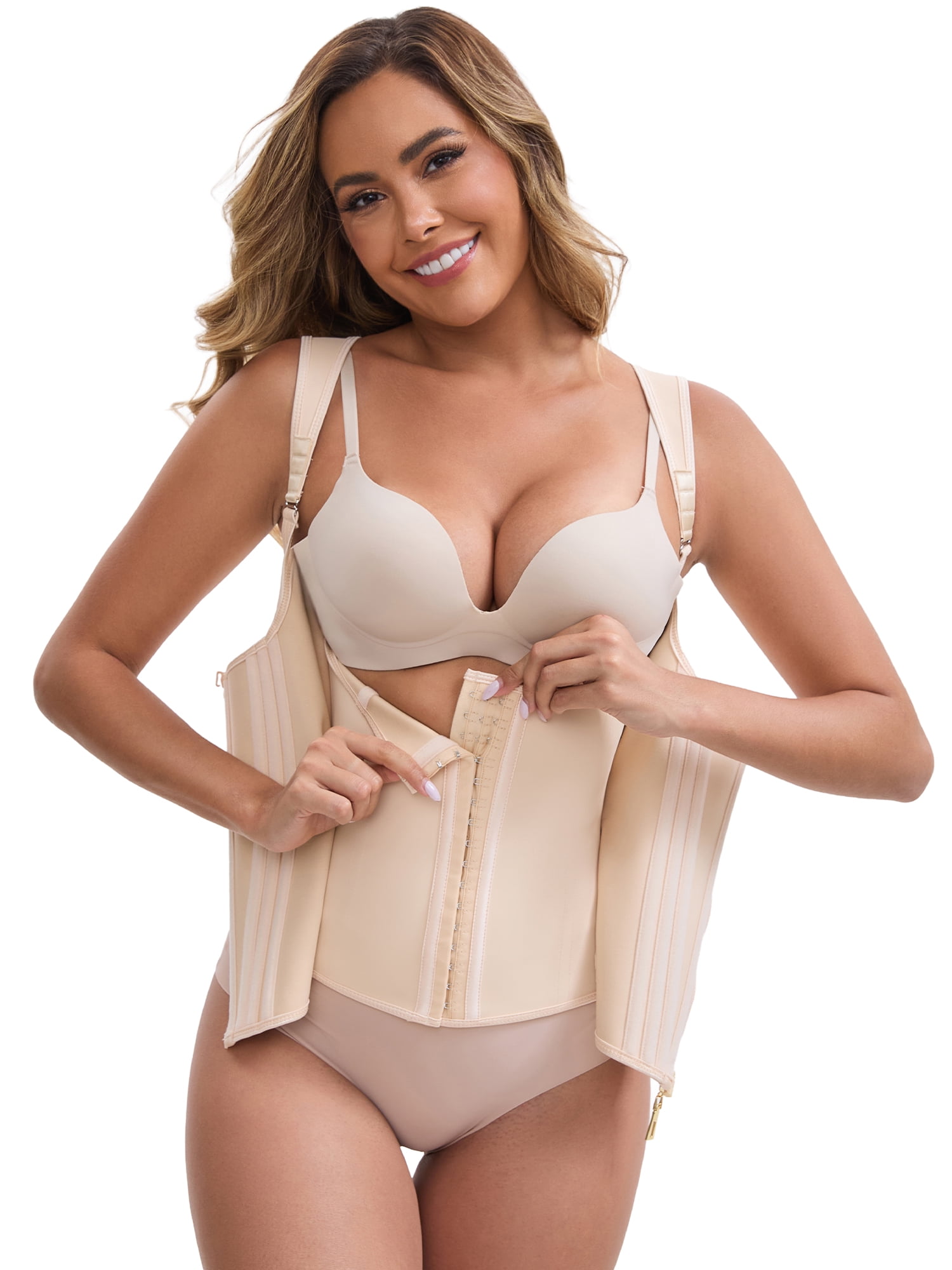 DARING DIVA Women's Zipper Hook Corset Tummy Control Body Shaper L Beige