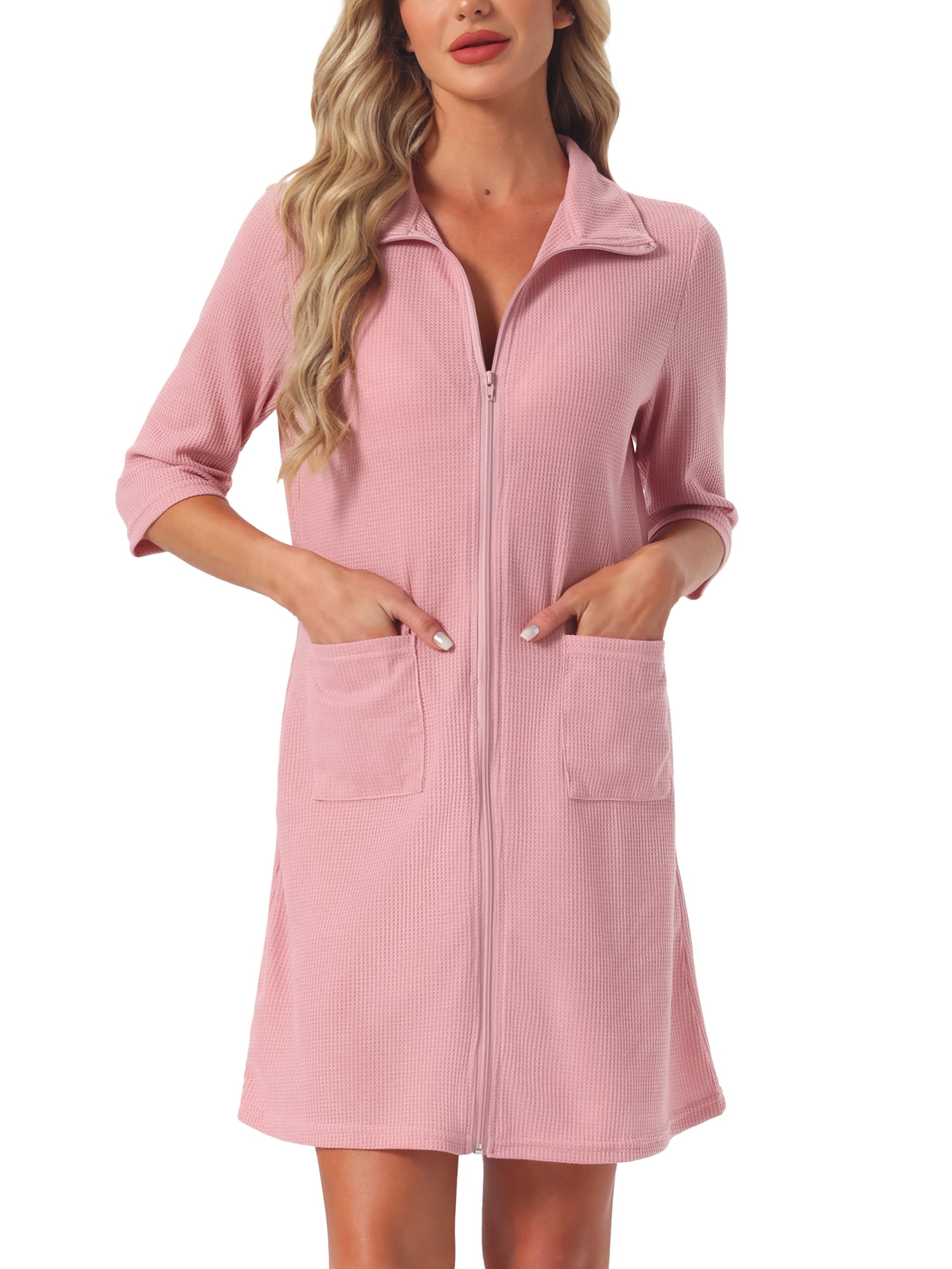 DARING DIVA Women's Zipper Robes Waffle 3/4 Sleeves Bathrobe House Coat M Pink