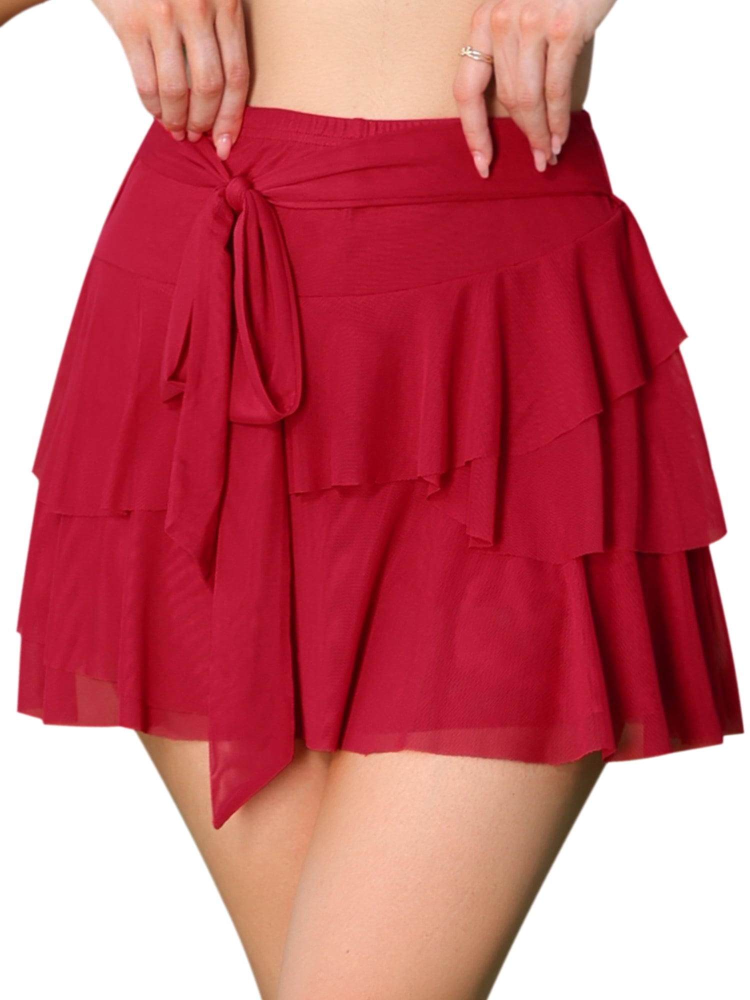 DARING DIVA Women's with Ruffled Hem and Elastic Tie Waist Small Red