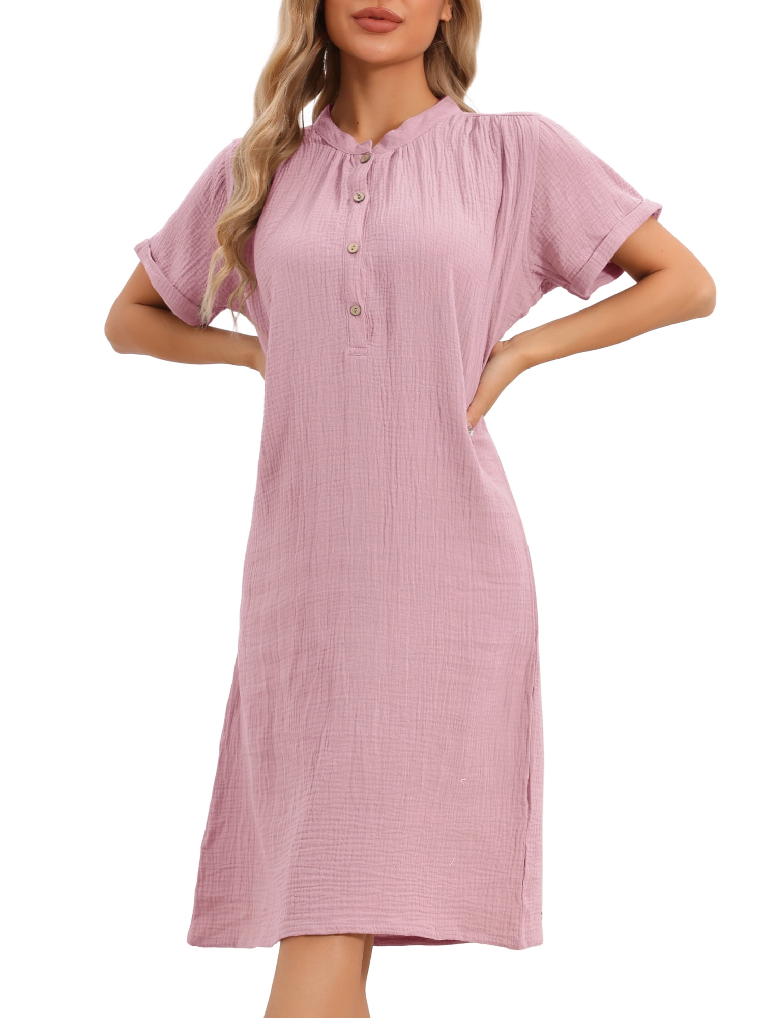 DARING DIVA Women'ss Cotton Soft Short Sleeve V Neck Long Nightgown M Pink