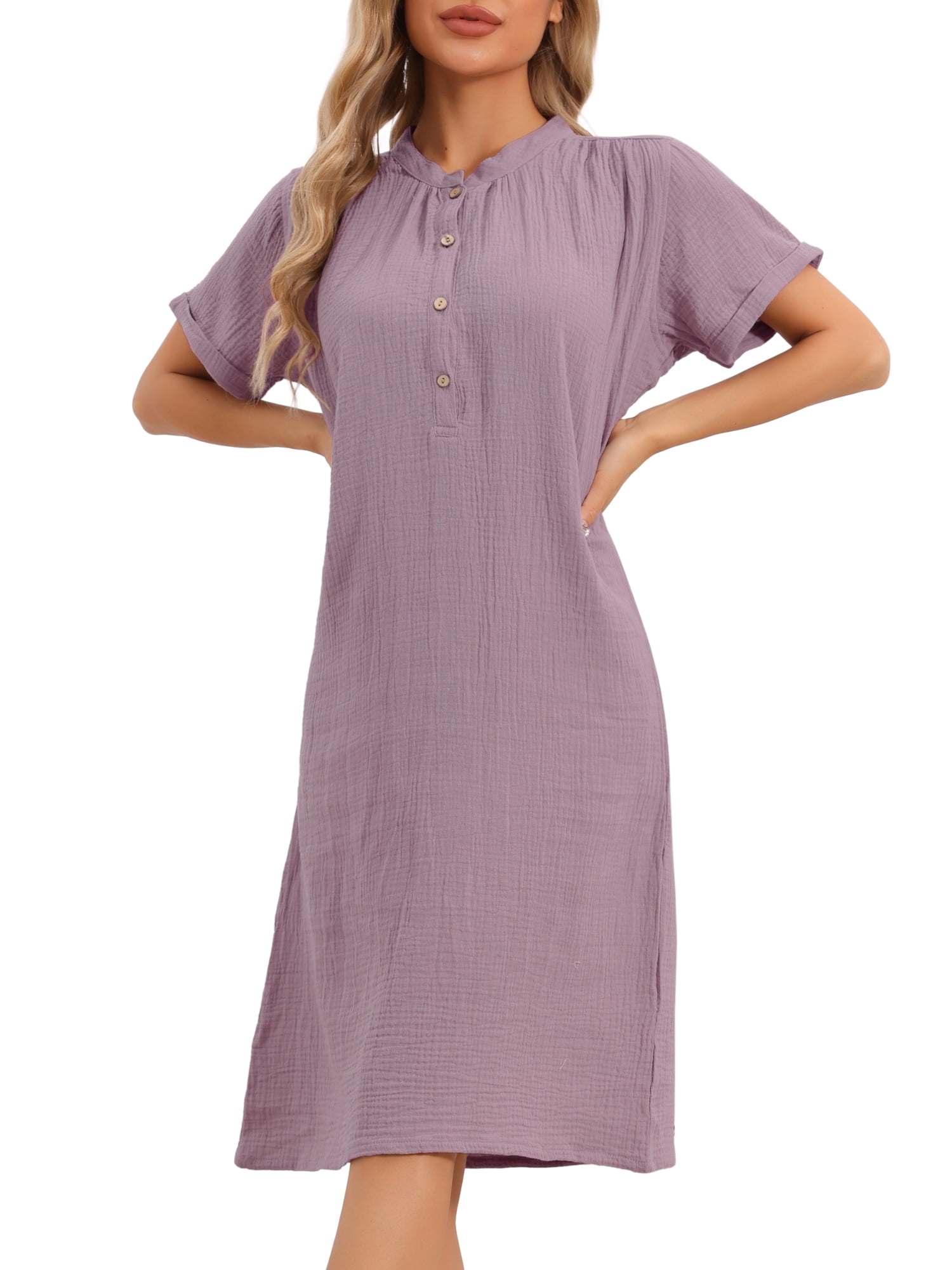 DARING DIVA Women'ss Cotton Soft Short Sleeve V Neck Long Nightgown S Purple