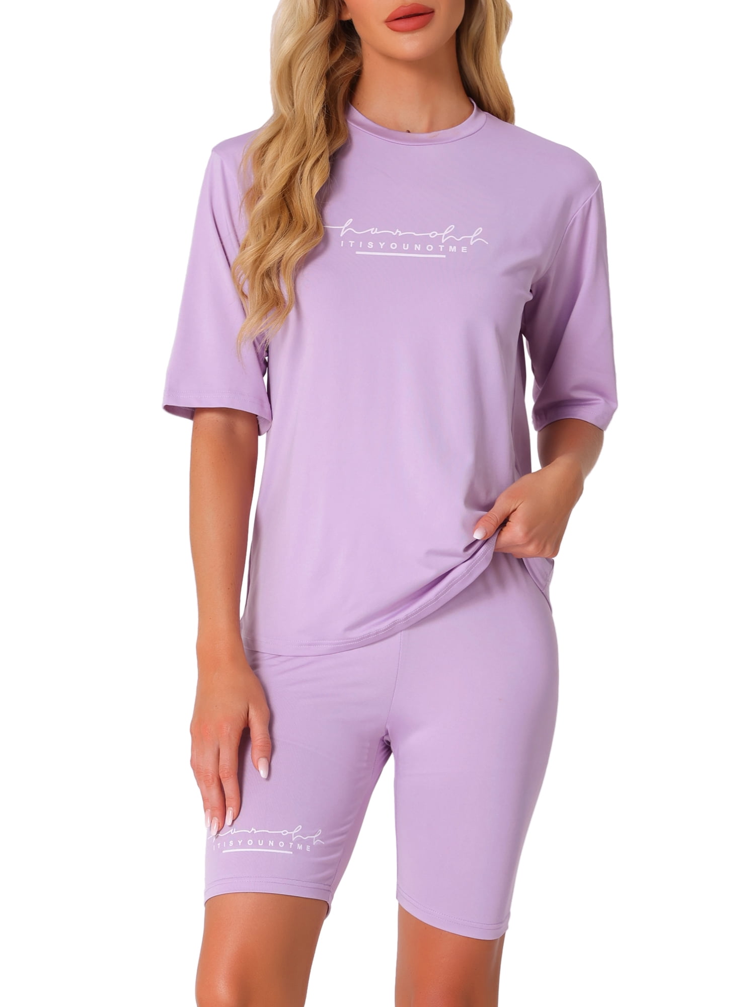 DARING DIVA Womens 2 Pieces Biker Shorts Set Outfits T-Shirt Lounge Wear L Purple