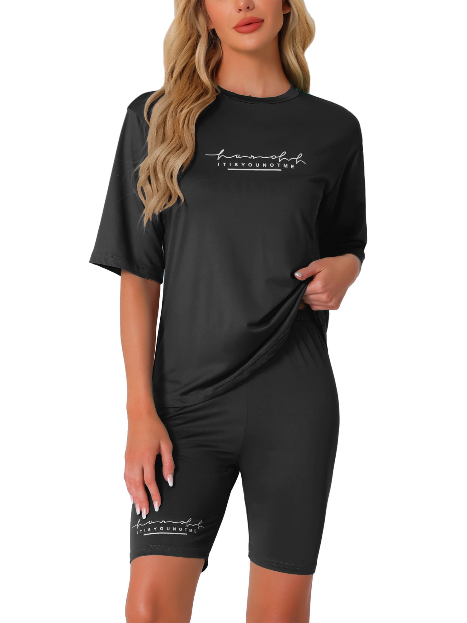 DARING DIVA Womens 2 Pieces Biker Shorts Set Outfits T-Shirt Lounge Wear S Black