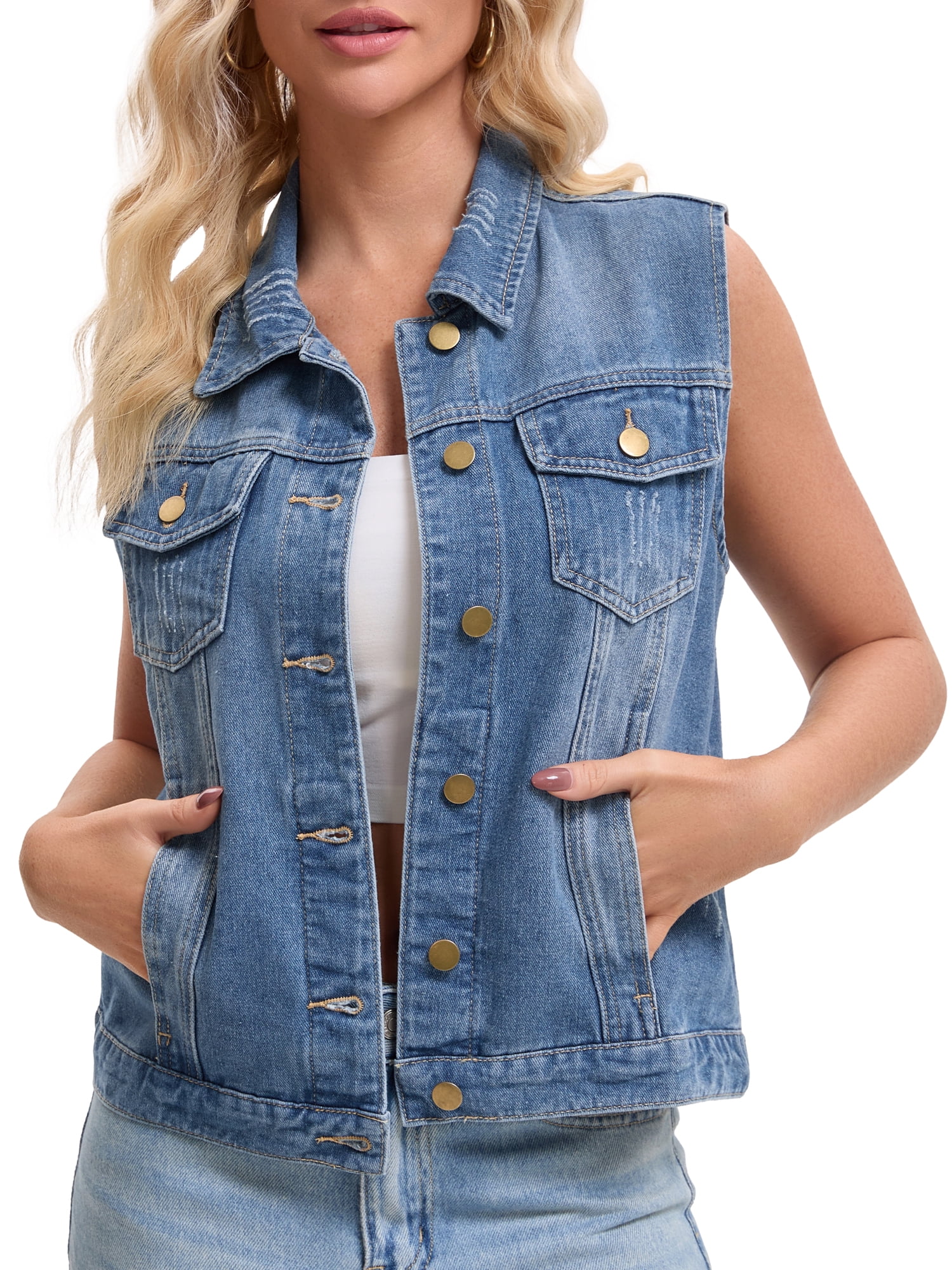 DARING DIVA Womens Denim Vest Button Down Jacket Sleeveless Jean Jacket 2XL Blue
