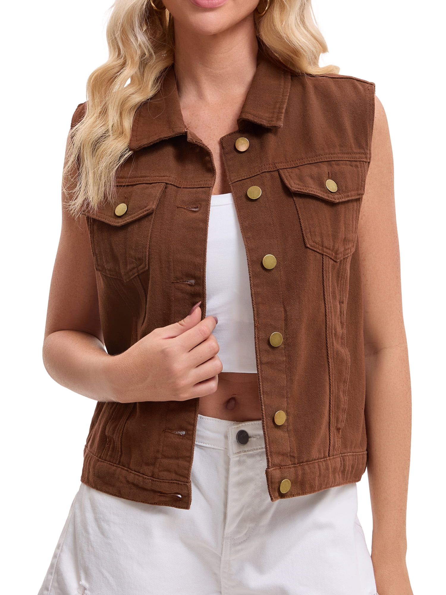 DARING DIVA Womens Denim Vest Button Down Jacket Sleeveless Jean Jacket 2XL Brown