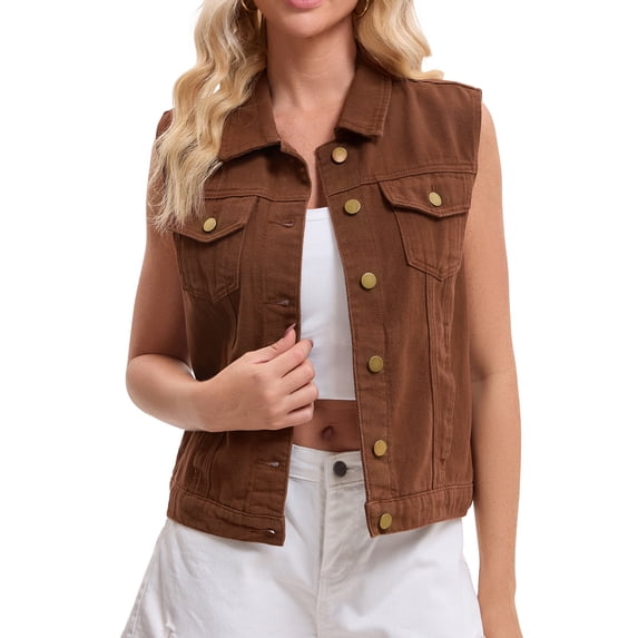 DARING DIVA Womens Denim Vest Button Down Jacket Sleeveless Jean Jacket 2XL Brown