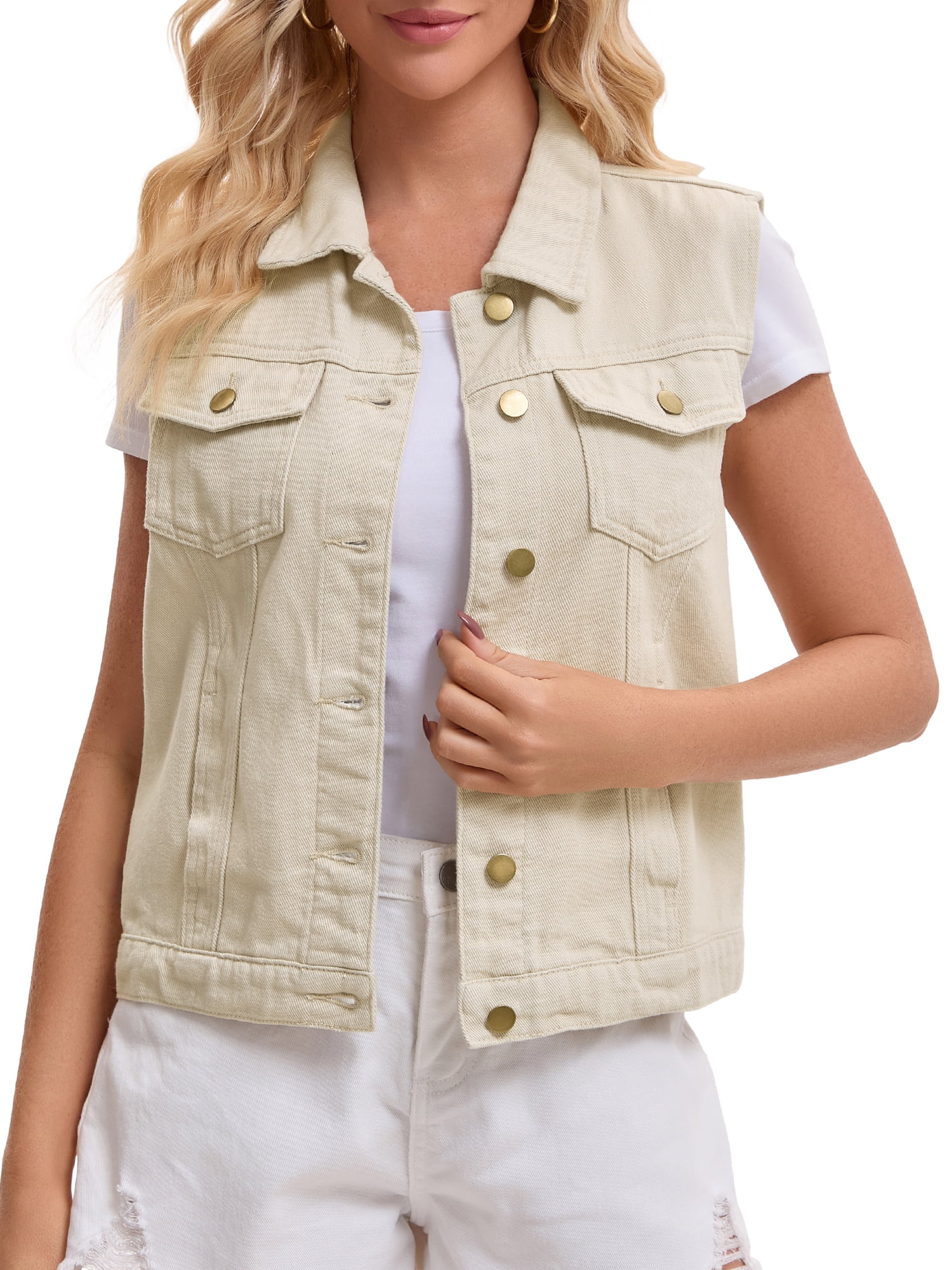 DARING DIVA Womens Denim Vest Button Down Jacket Sleeveless Jean Jacket L Oyster