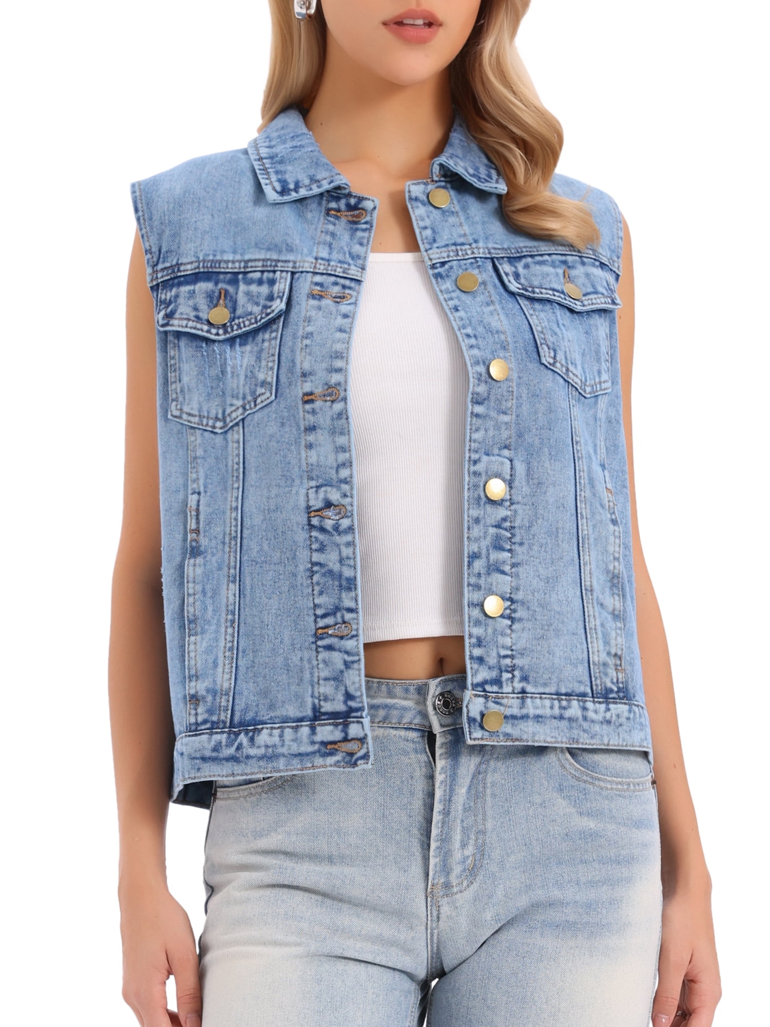 DARING DIVA Womens Denim Vest Button Down Jacket Sleeveless Jean Jacket L Wash Blue