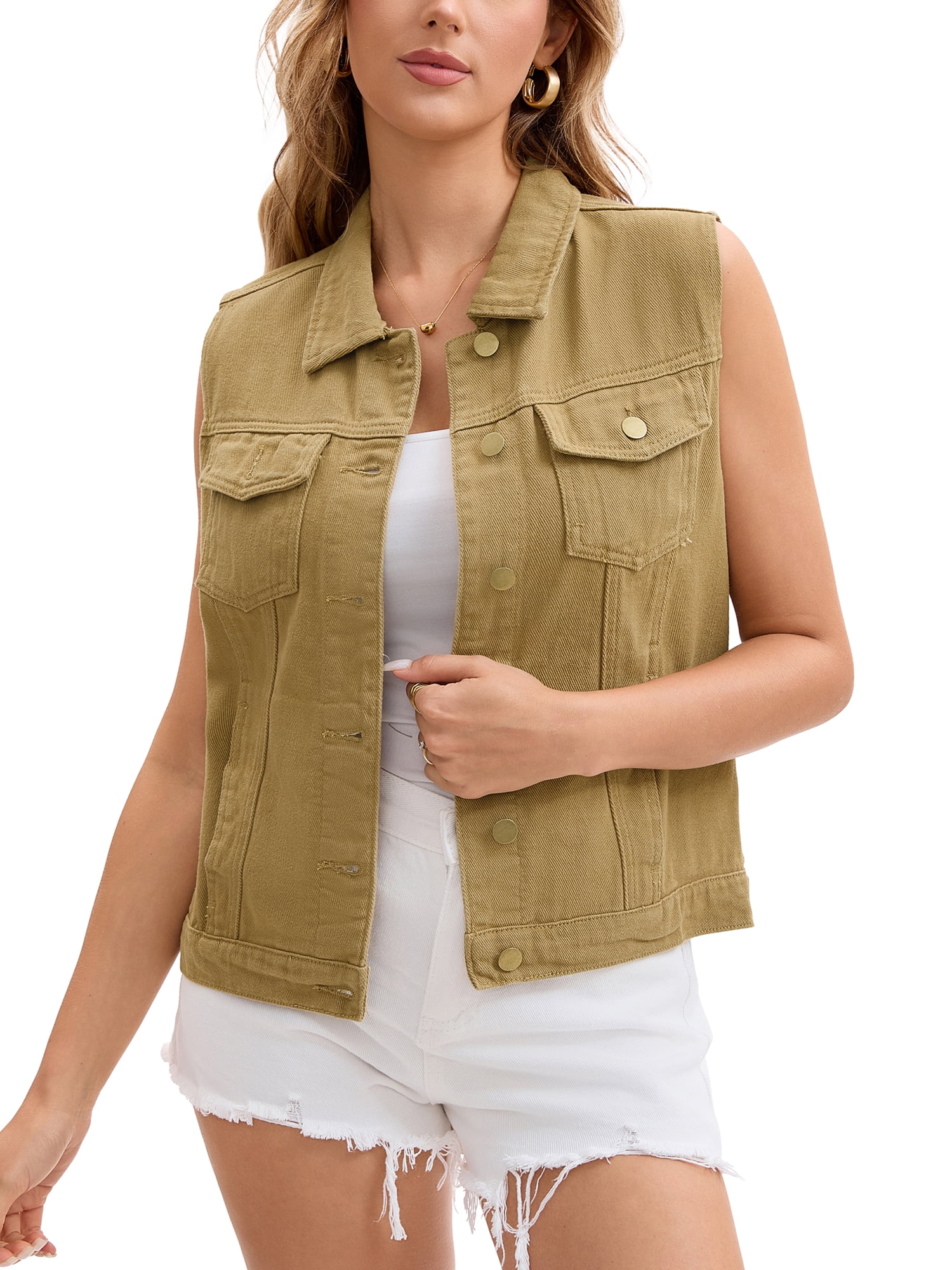 DARING DIVA Womens Denim Vest Button Down Jacket Sleeveless Jean Jacket M Khaki