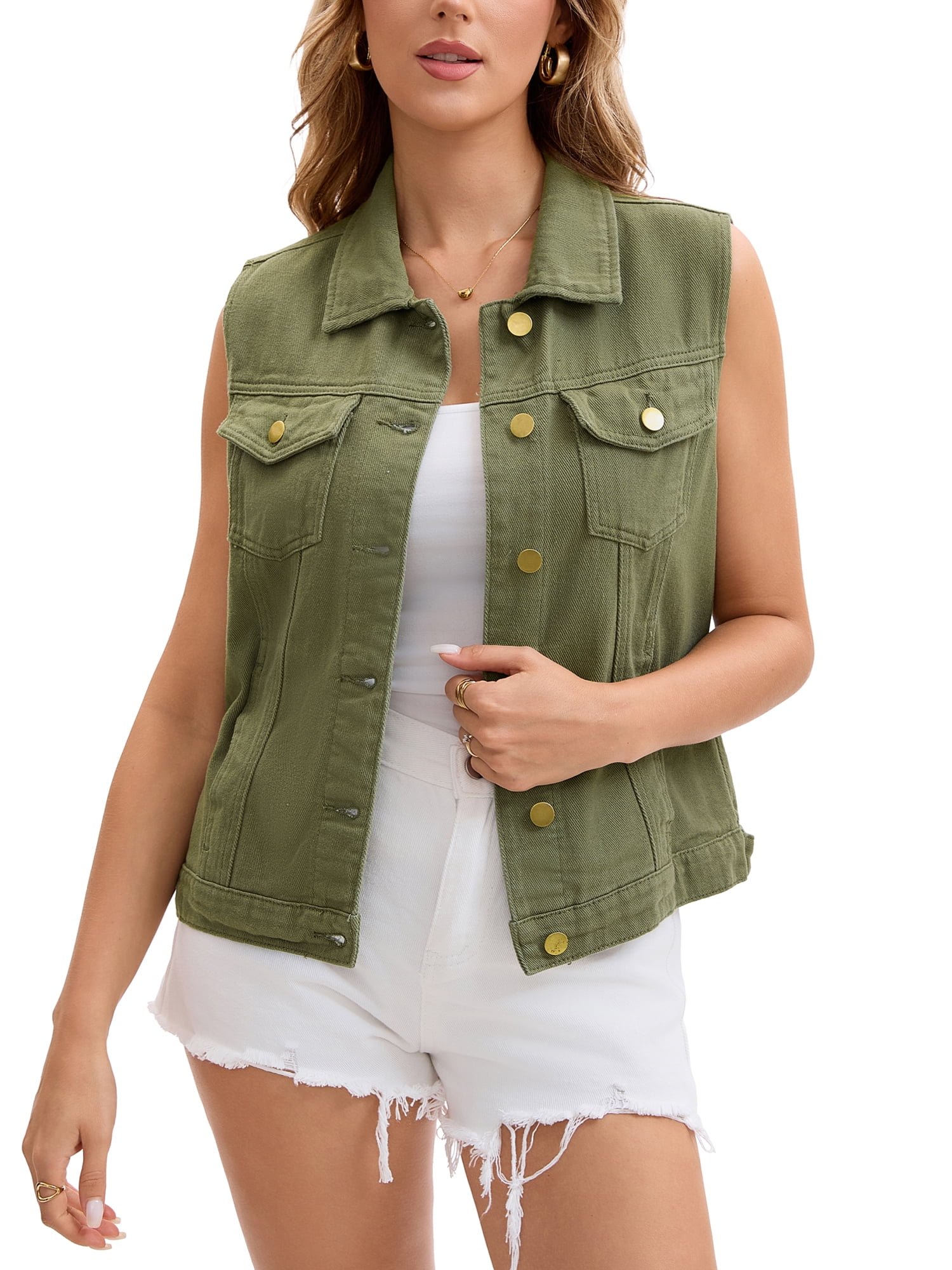 DARING DIVA Womens Denim Vest Button Down Jacket Sleeveless Jean Jacket XL Army Green