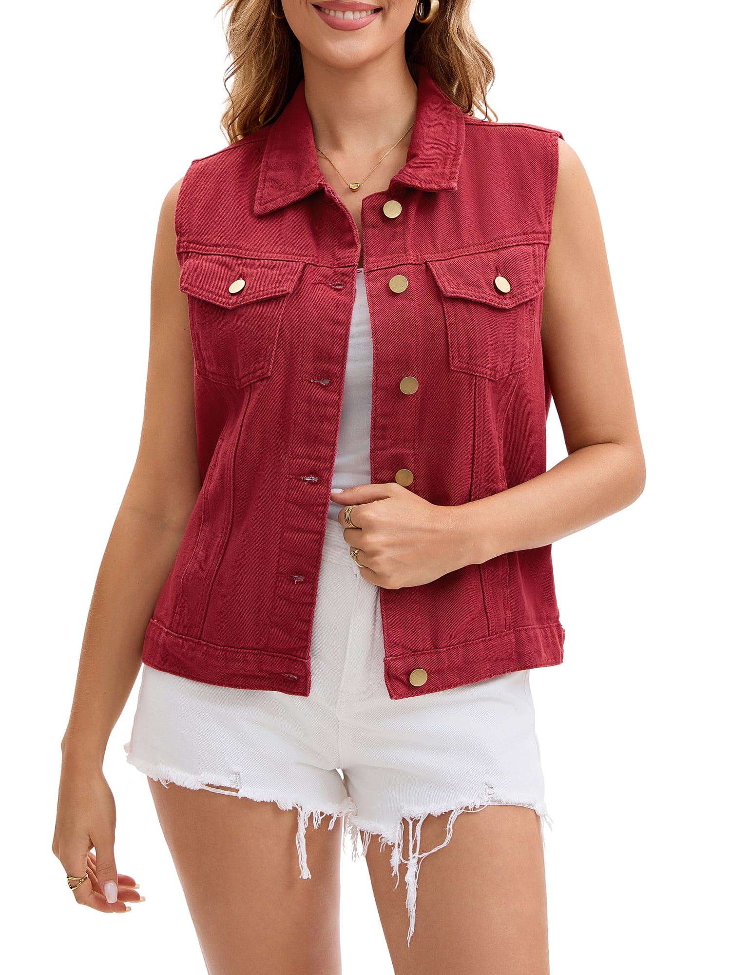 DARING DIVA Womens Denim Vest Button Down Jacket Sleeveless Jean Jacket XL Red