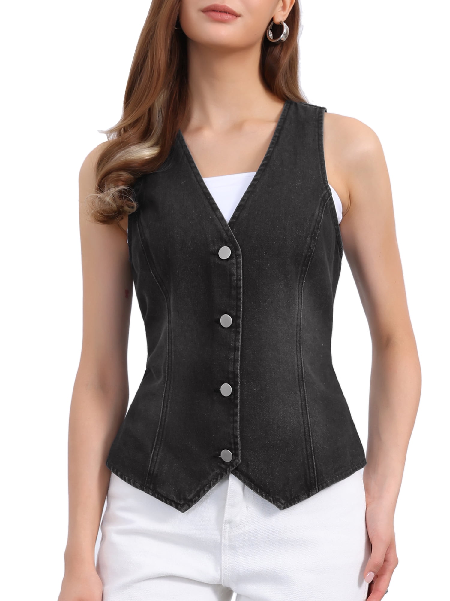 DARING DIVA Womens Denim Vest V Neck Button Down Jean Waistcoat Jacket S Black
