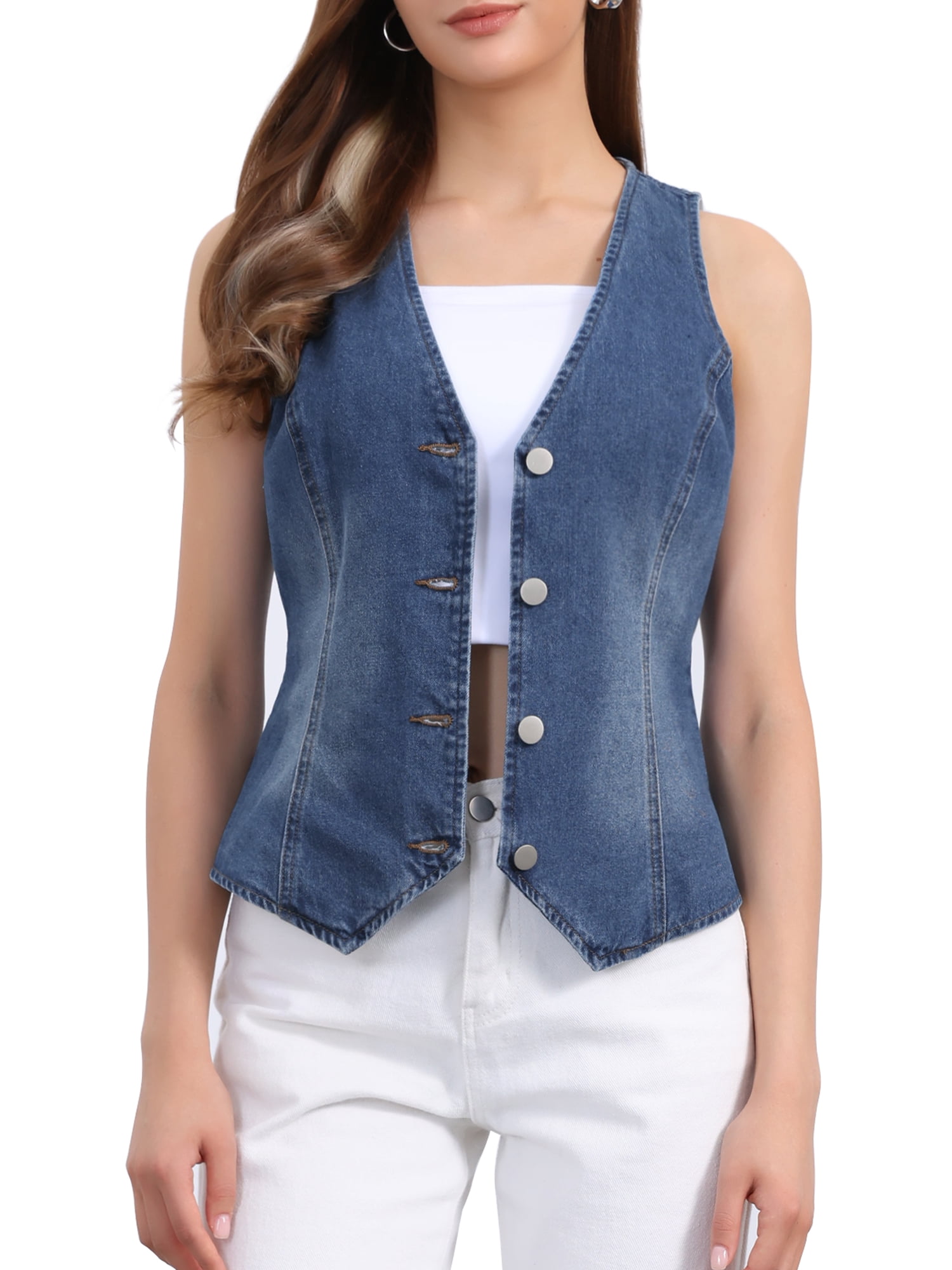 DARING DIVA Womens Denim Vest V Neck Button Down Jean Waistcoat Jacket S Pale Blue