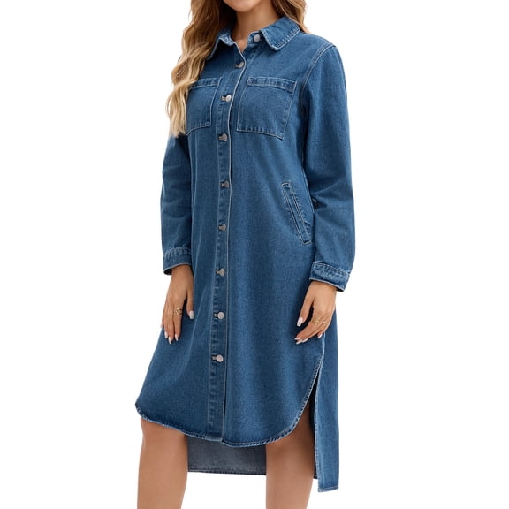 DARING DIVA Womens Fall Curved Hem Button Down Midi Denim Dress 2XL Blue