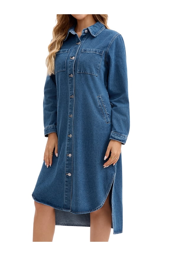 Womens Fall Curved Hem Button Down Midi Denim Dress 2XL Blue