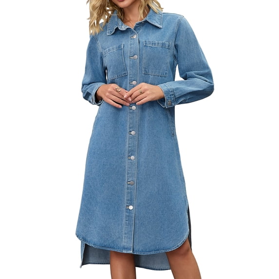 DARING DIVA Womens Fall Curved Hem Button Down Midi Denim Dress 2XL Light Blue