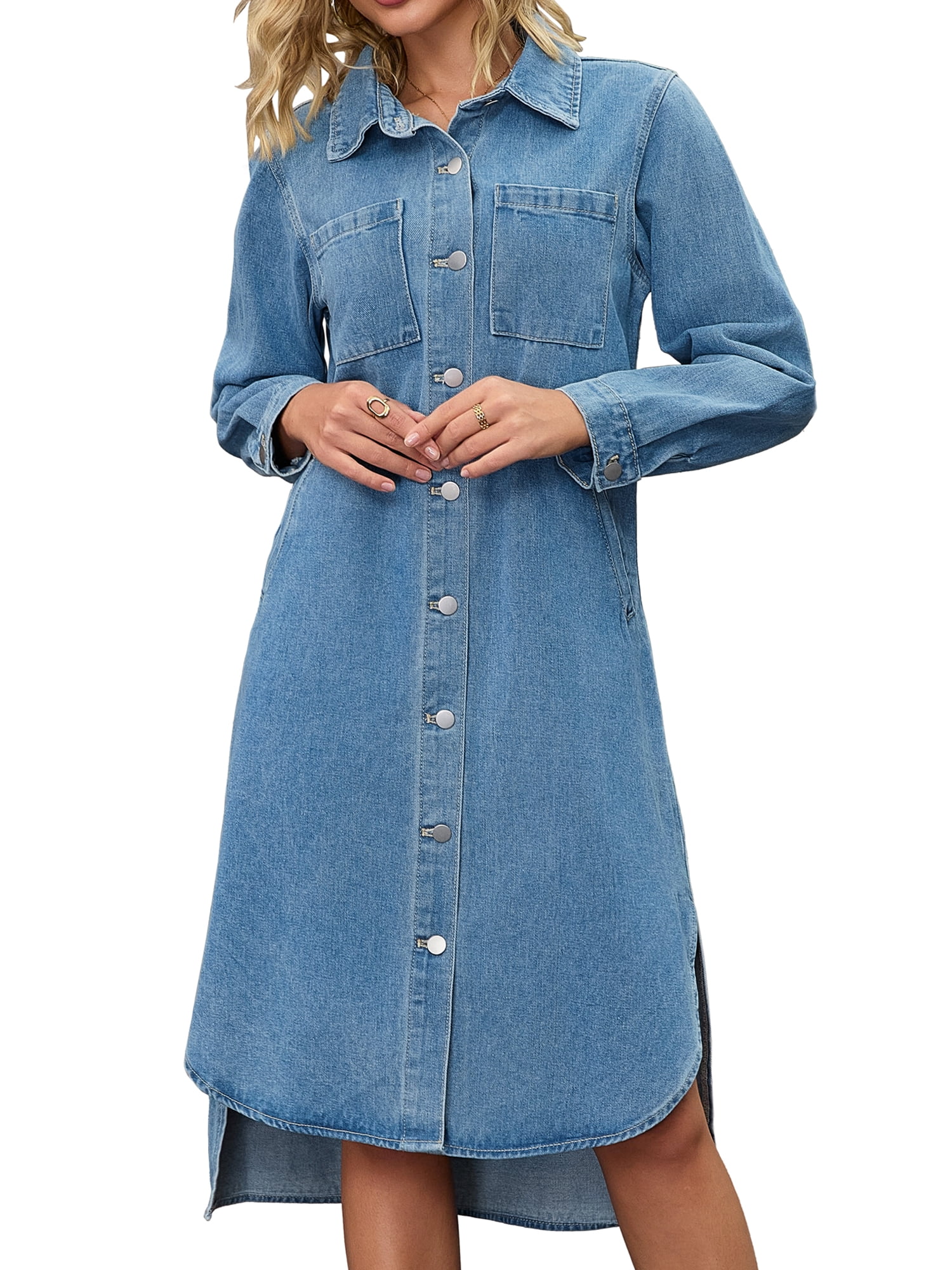 DARING DIVA Womens Fall Curved Hem Button Down Midi Denim Dress L Light Blue