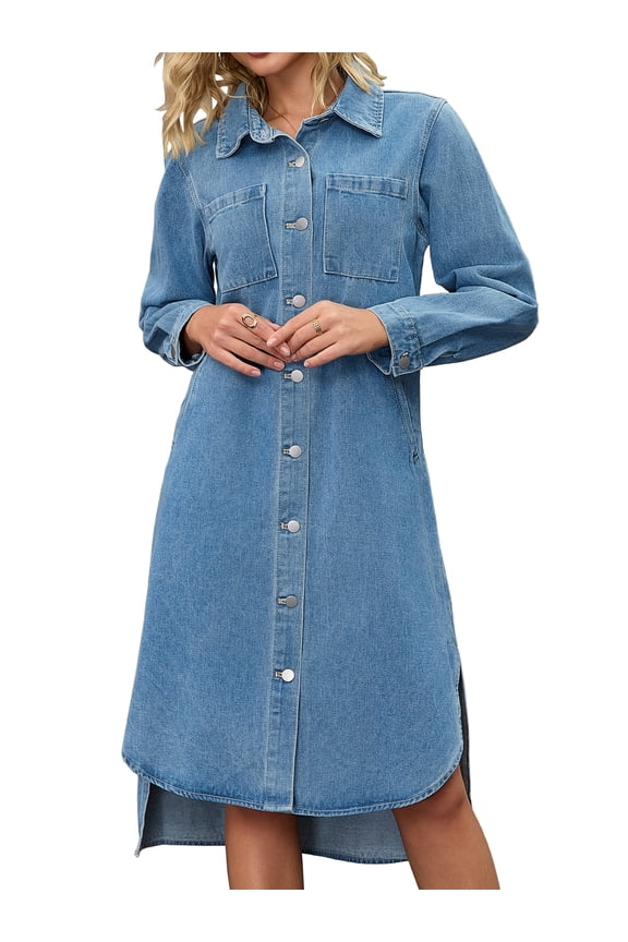 Womens Fall Curved Hem Button Down Midi Denim Dress L Light Blue