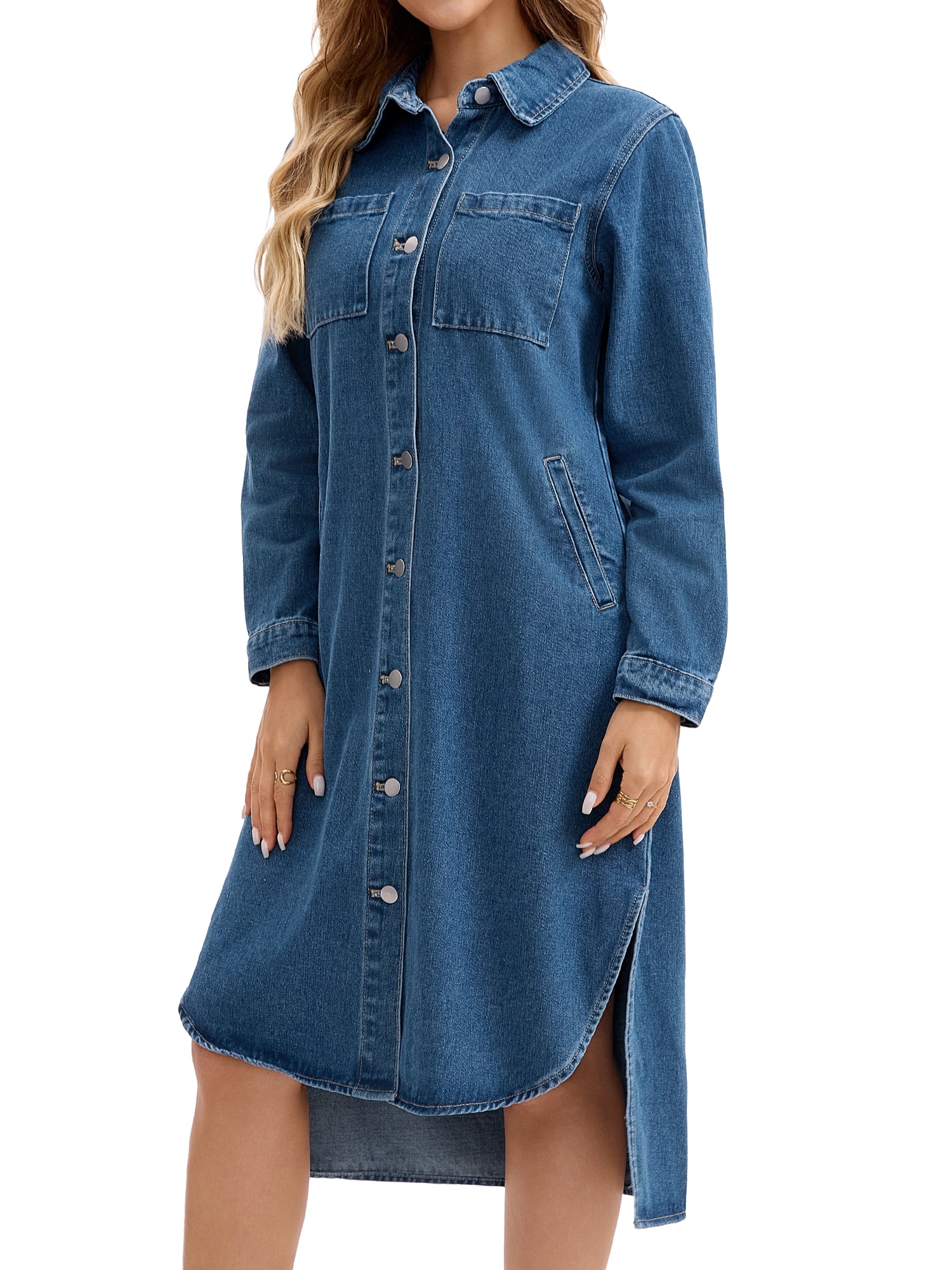 DARING DIVA Womens Fall Curved Hem Button Down Midi Denim Dress M Blue