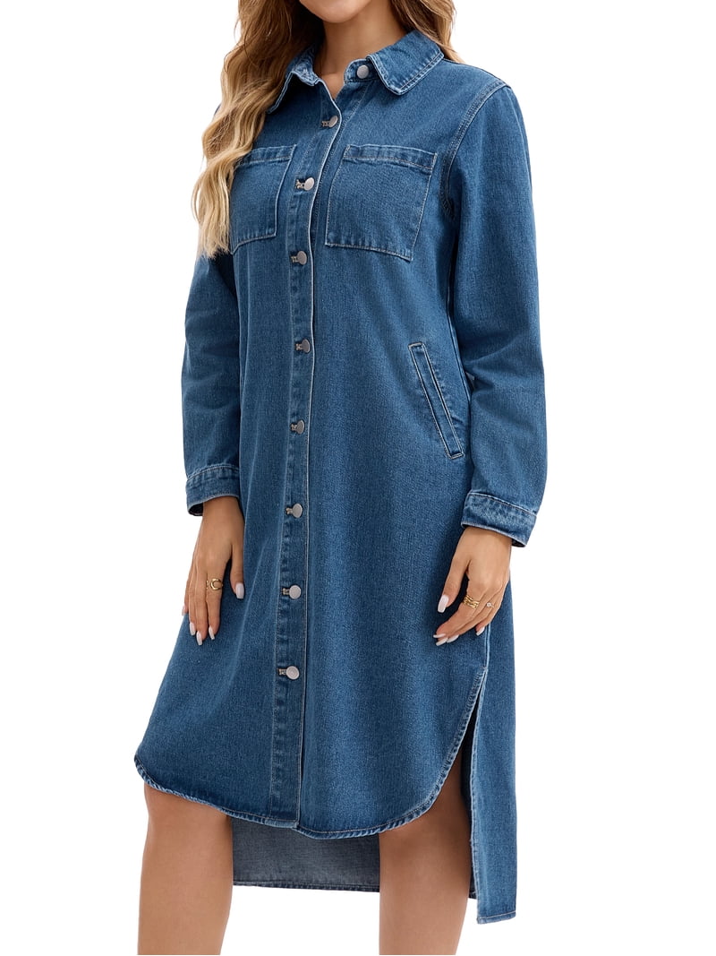 Daring Diva Womens Fall Curved Hem Button Down Midi Denim Dress M Blue, Women's, Size: Medium