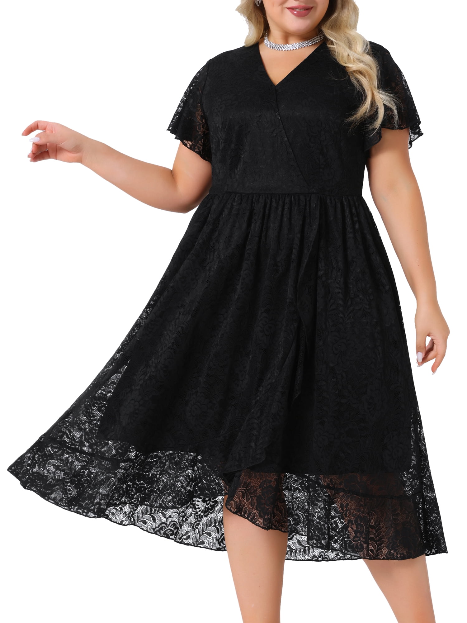 DARING DIVA Womens Plus Size Lace Cocktail Faux Wrap V Neck Midi Dress 1X Black