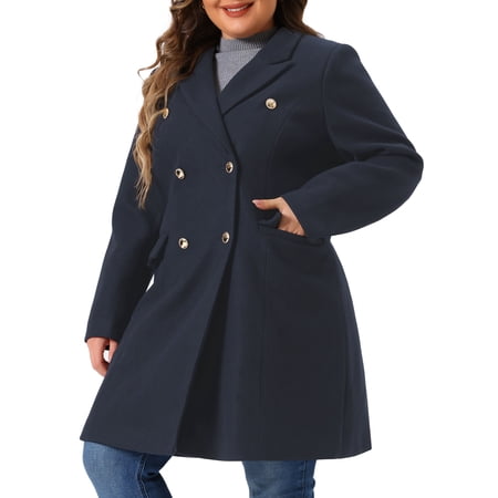 DARING DIVA Womens Plus Size Winter Pea Coat Double Breasted Notch Lapel 2X Navy Blue