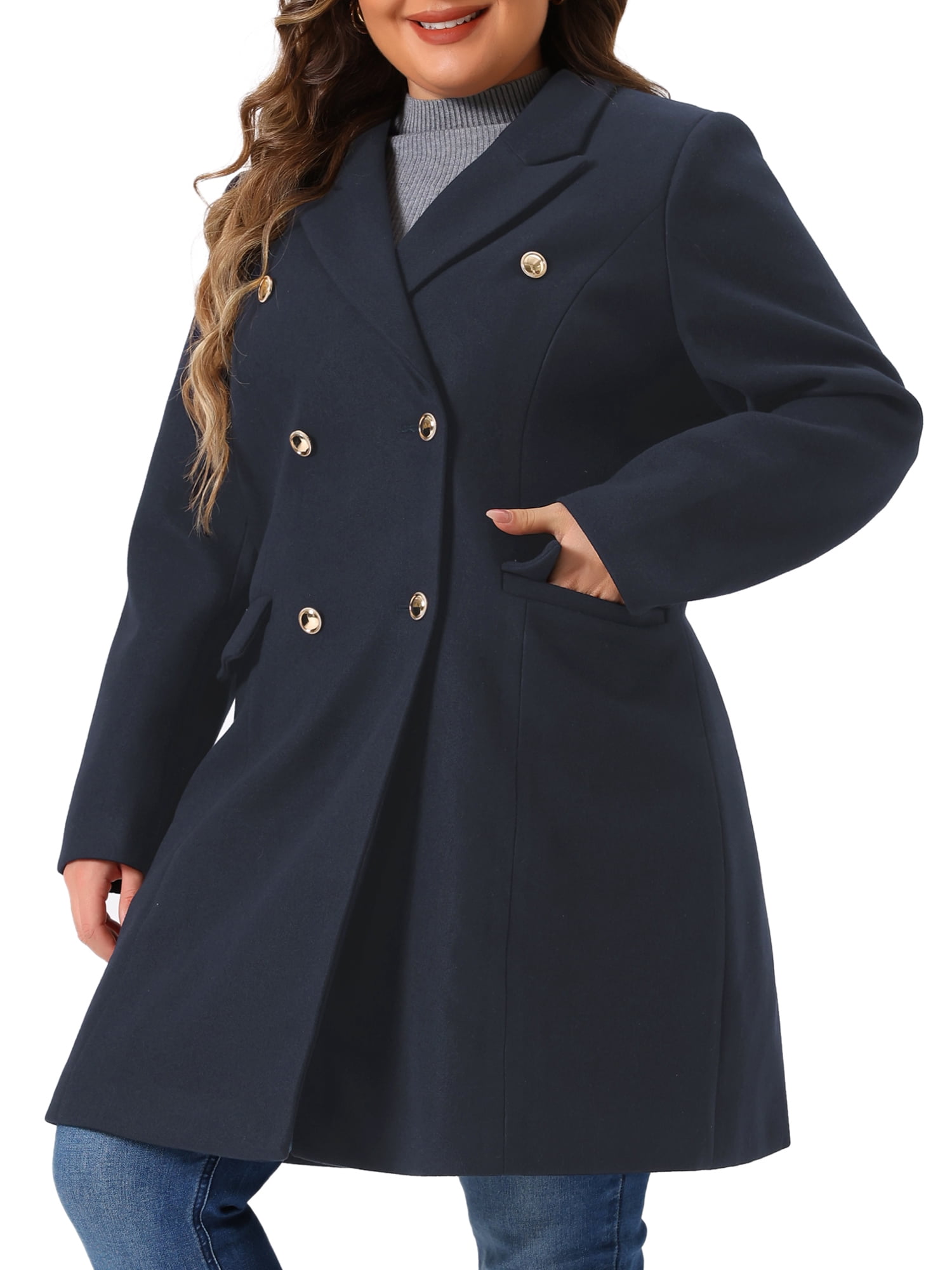 DARING DIVA Womens Plus Size Winter Pea Coat Double Breasted Notch Lapel 4X Navy Blue