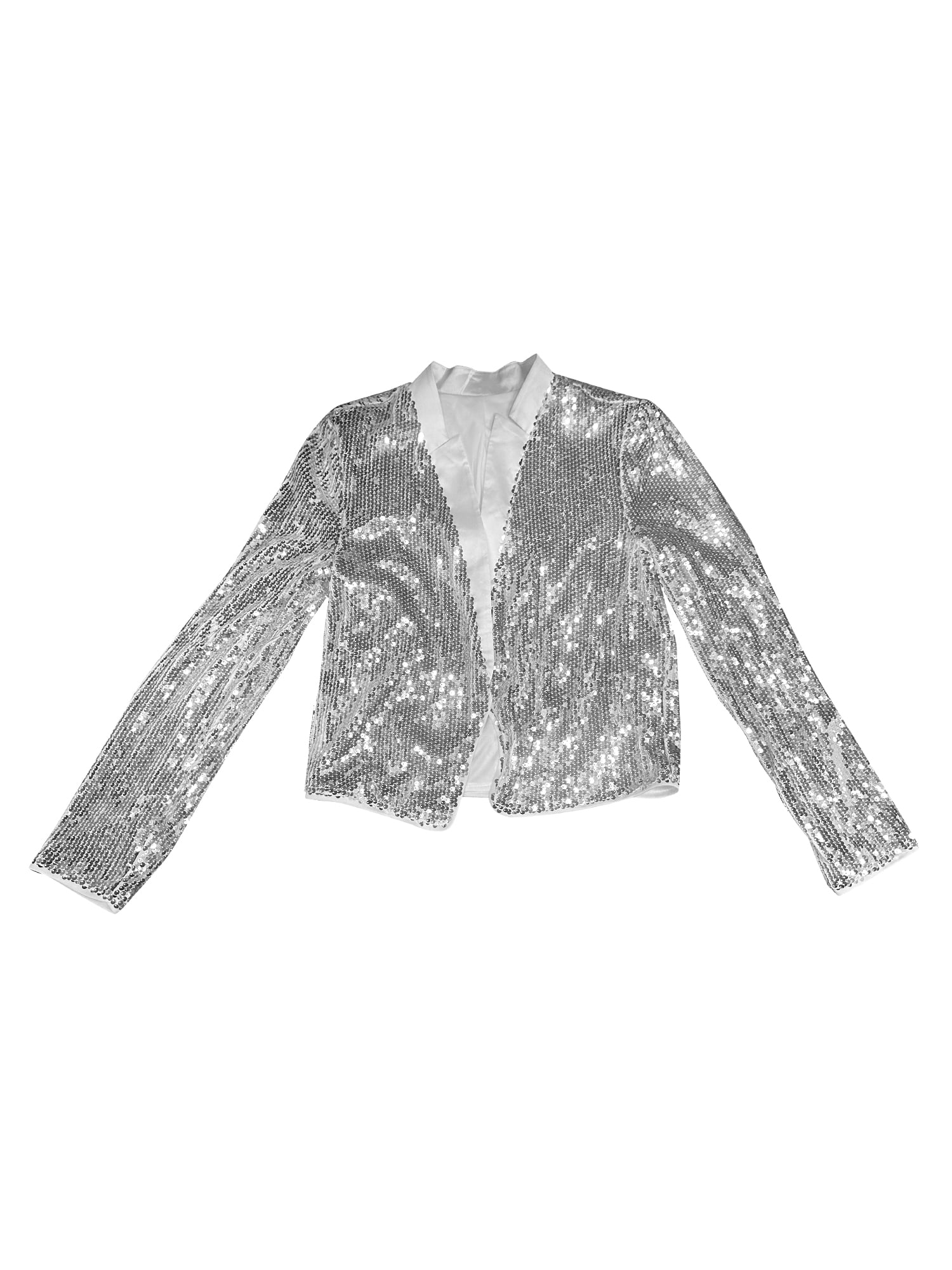 DARING DIVA Womens Sequin Crop Jacket Long Sleeve Open Front Glitter Blazer L Silver