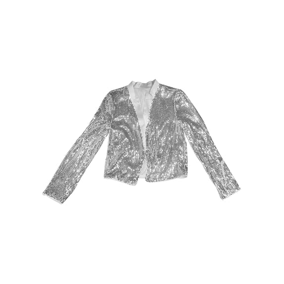 DARING DIVA Womens Sequin Crop Jacket Long Sleeve Open Front Glitter Blazer XL Silver