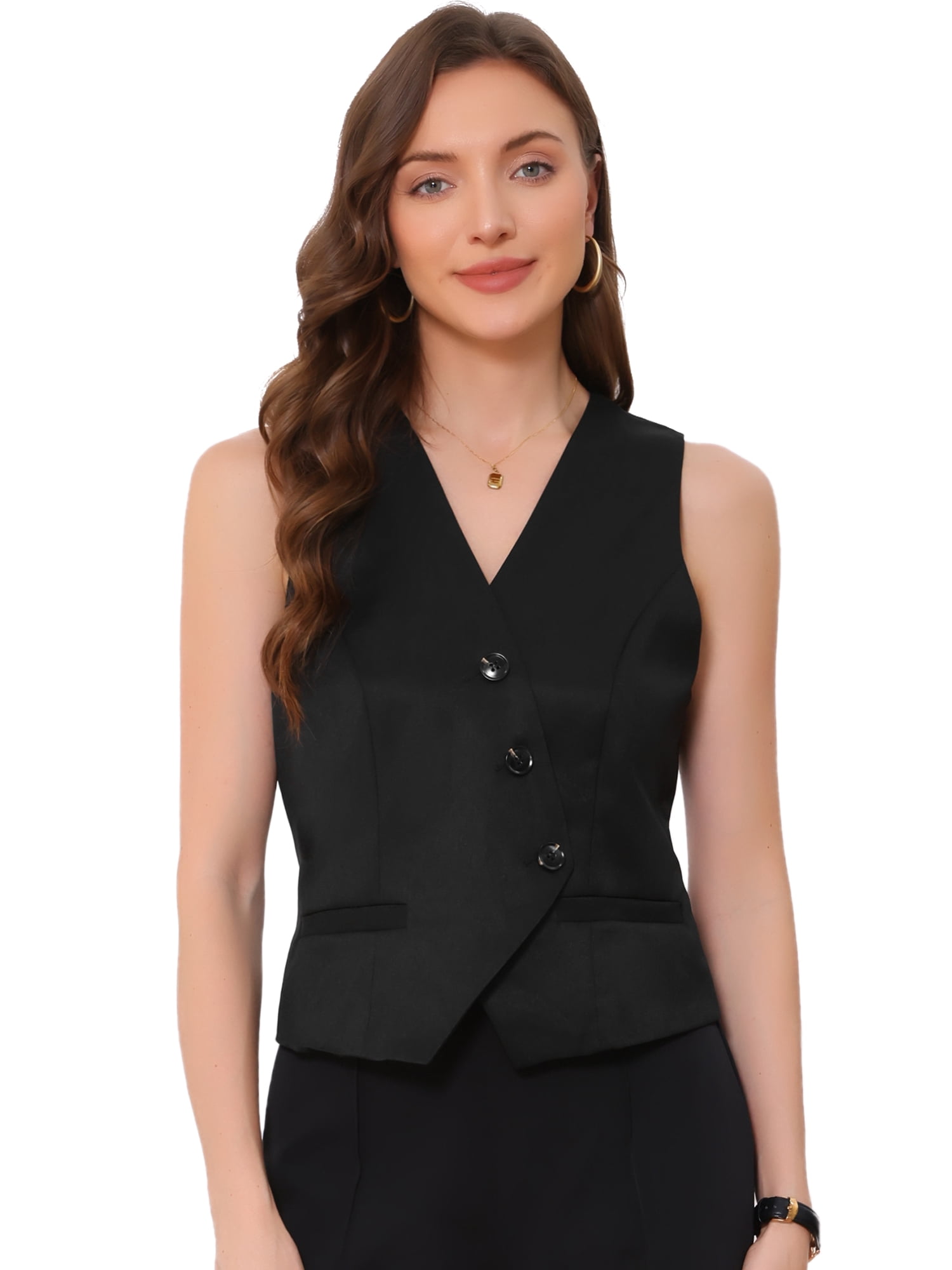 DARING DIVA Womens Sleeveless Suit Vest V-Neck Button-Down Blazer Waistcoat M Black