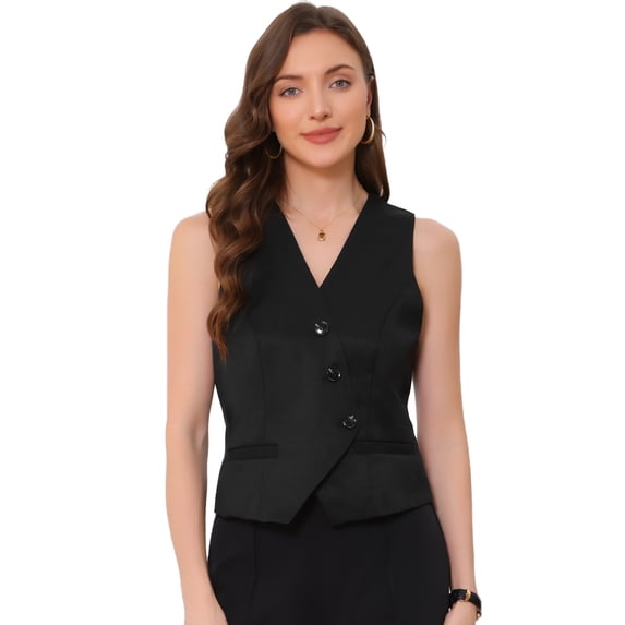 DARING DIVA Womens Sleeveless Suit Vest V-Neck Button-Down Blazer Waistcoat S Black