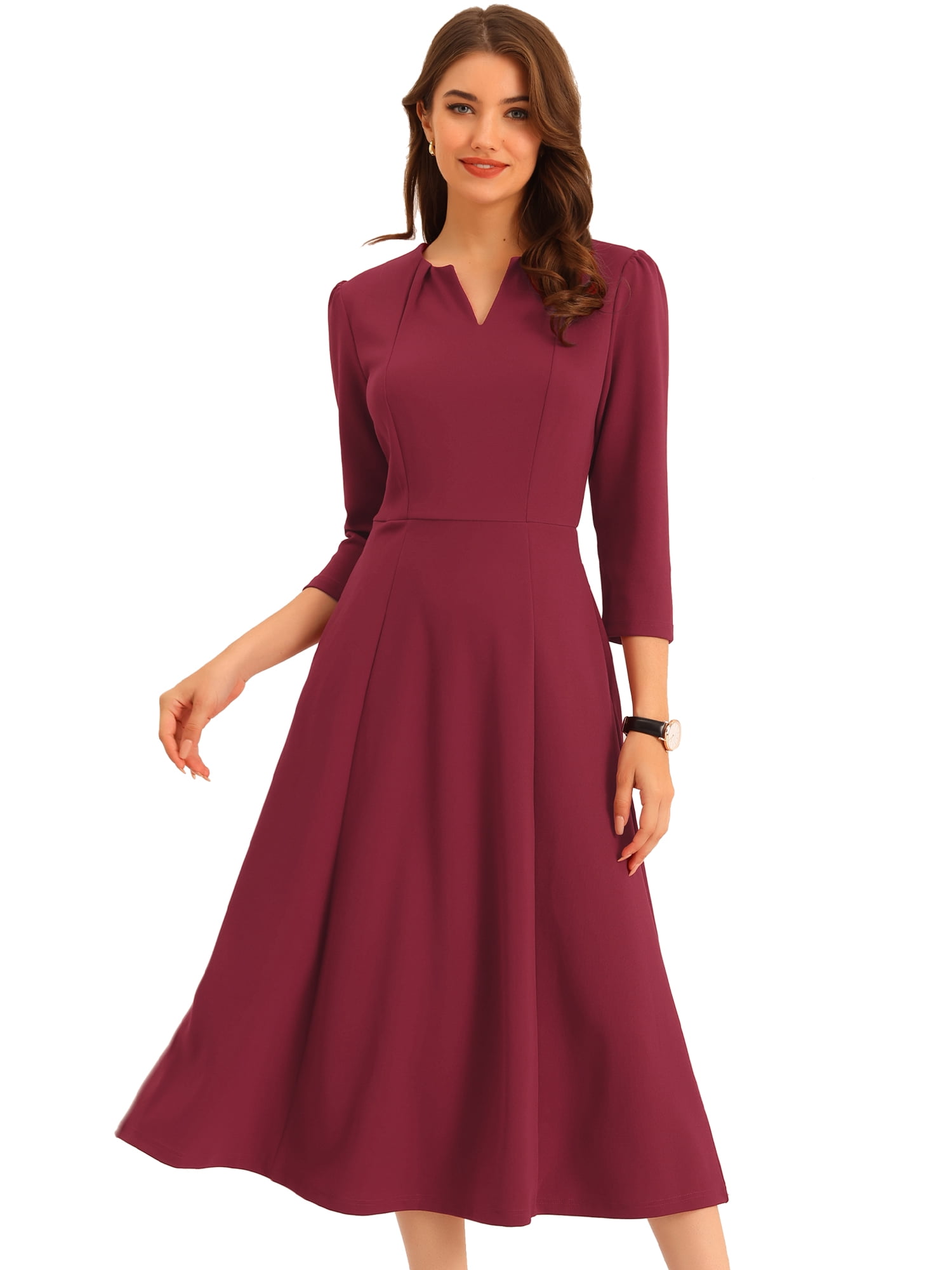 DARING DIVA Work Office Elegant 3/4 Sleeve V Neck A-Line Dress L Burgundy