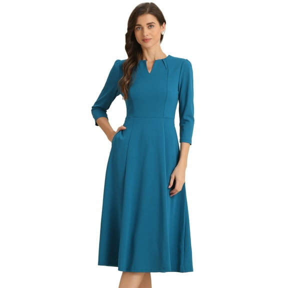 DARING DIVA Work Office Elegant 3/4 Sleeve V Neck A-Line Dress L Peacock Blue