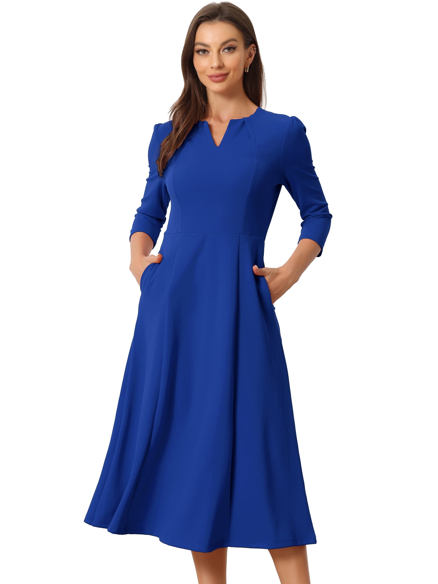DARING DIVA Work Office Elegant 3/4 Sleeve V Neck A-Line Dress L Royal Blue