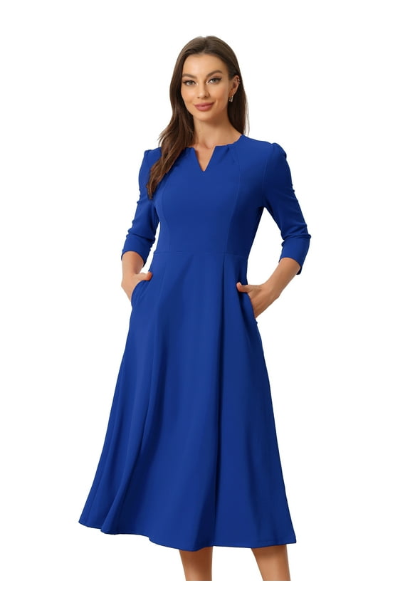 Work Office Elegant 3/4 Sleeve V Neck A-Line Dress L Royal Blue