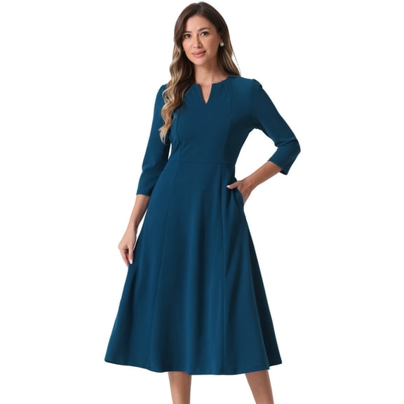 DARING DIVA Work Office Elegant 3/4 Sleeve V Neck A-Line Dress M Dark Blue