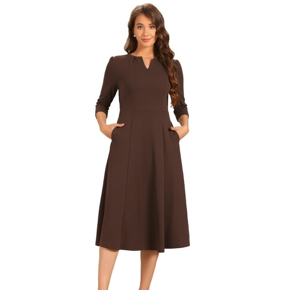 DARING DIVA Work Office Elegant 3/4 Sleeve V Neck A-Line Dress M Dark Brown