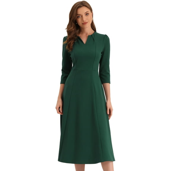 DARING DIVA Work Office Elegant 3/4 Sleeve V Neck A-Line Dress M Dark Green